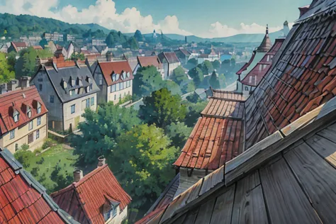 big slavic ((ghibli)) fantasy city, thatched roofs, early medieval, hilly city, tightly packed houses, narrow passages, tight sp...