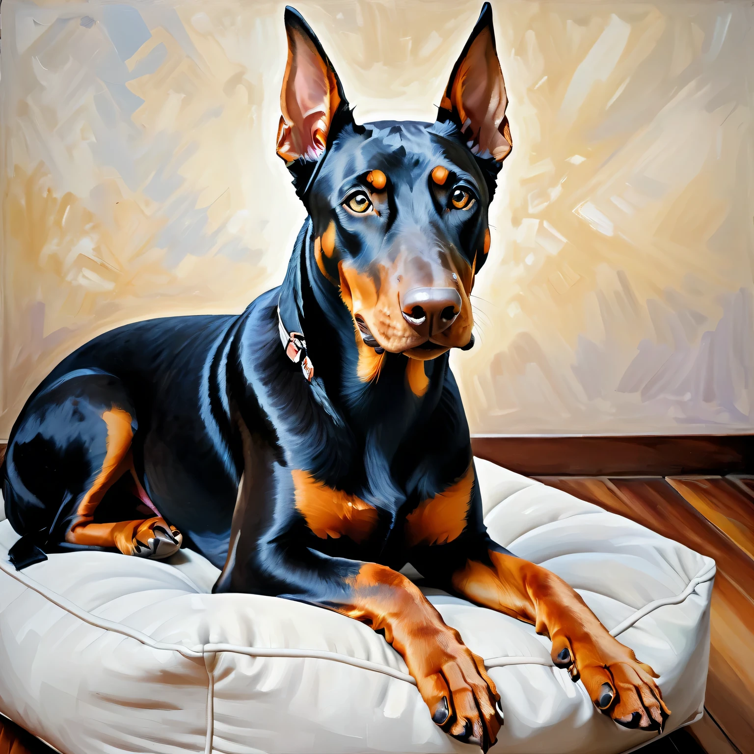 A kind Doberman on a soft square pouf and looks at the viewer, emotion of joy, joyful and intelligent look, tongue, oil painting on canvas, careless technique, clear eyes and emotions 