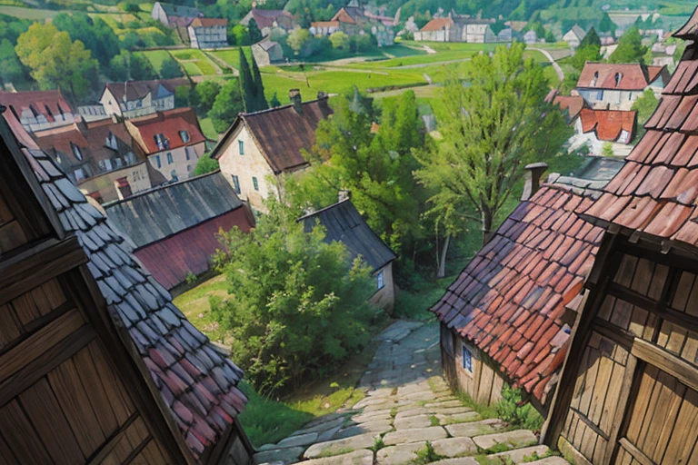 grande cidade eslava ((ghibli)) Cidade Fantasia, telhados de palha, início medieval, cidade montanhosa, casas bem lotadas, passagens estreitas, Espaços apertados, liquidação agrupada, POV