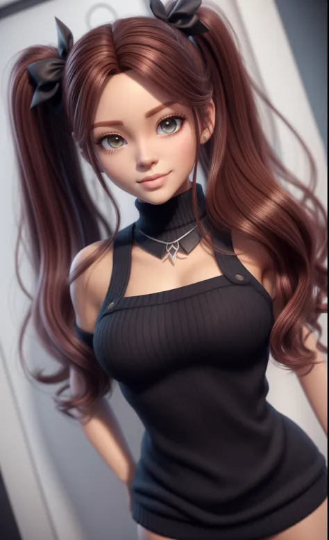 1;girl Tohsaka Rin,solo cabelo preto longo , red sweater , looking at me, happy smirk expression, olhando para o espectador fund...