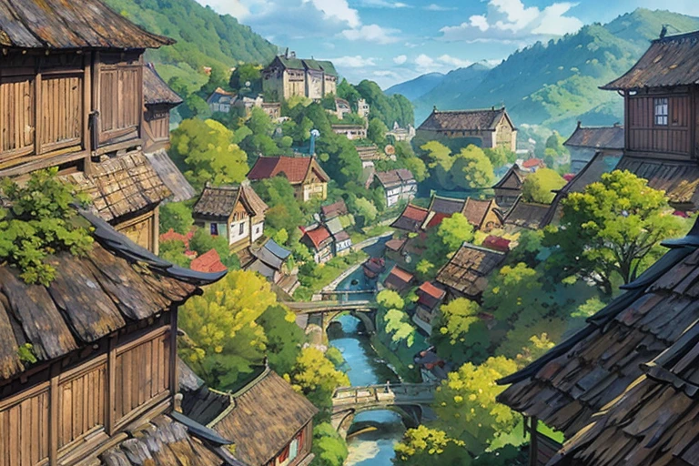 big slavic ((ghibli)) fantasy city, thatched roofs, early medieval, hilly city, tightly packed houses, narrow passages, tight spaces, clustered settlement, POV