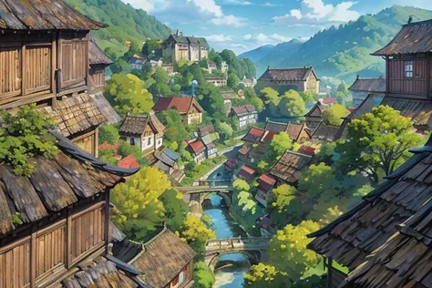 big slavic ((ghibli)) fantasy city, thatched roofs, early medieval, hilly city, tightly packed houses, narrow passages, tight sp...