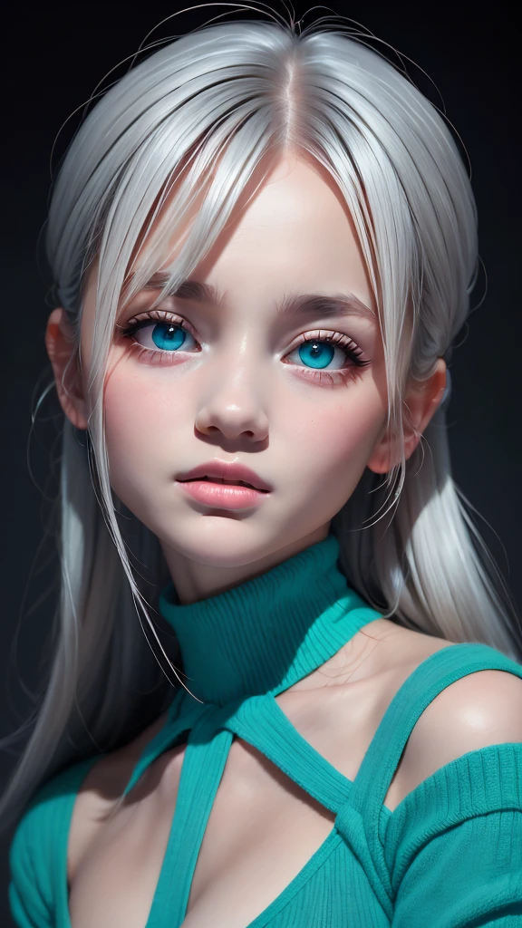 (best quality,highres),multicolor,1 girl,dark night,ash gray hair,(detailed gray eyes),looking at the viewer,upper body,face-to-face audience,limited palette,black background,turquoise light
