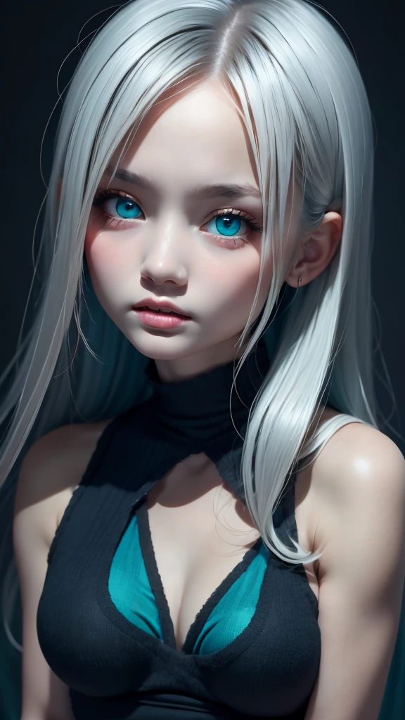 (best quality,highres),multicolor,1 girl,dark night,ash gray hair,(detailed gray eyes),looking at the viewer,upper body,face-to-face audience,limited palette,black background,turquoise light