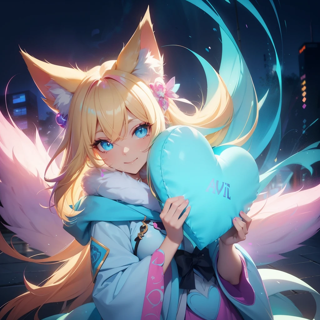 Ahri wearing cyan very large hoodie; blonde hair with pink details; beautiful detailed eyes; smiling face; longeyelashes; perfect eyes; her tails forming a heart shape behind her, standing on a sidewalk, sun shining, vivid colors, photo-realistic, portraits, medium:illustration. (best quality,ultra-detailed,HDR,colorful vivid appearance,studio lighting)