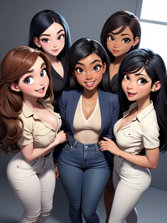 Perfect body, group of Young city girls, masterpiece, (solo:1.1), different ethnicities, different ages (18-45 years old), sexy, all fully clothed in different work outfits, big huge , small waists, round asses, perfect beautiful faces, big eyes, big smile, open mouth. Seen from above