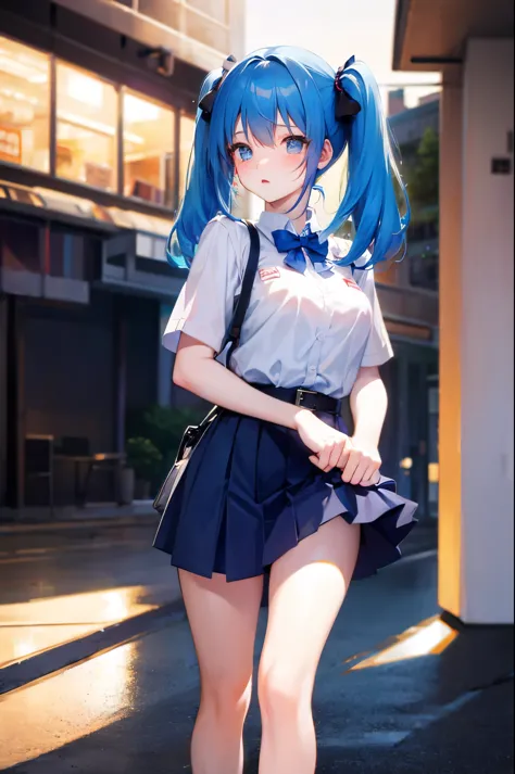 Pull down your panties,Bright blue hair、８K, highest quality, masterpiece, super detailed、bright blue hair、medium long hair、twin ...