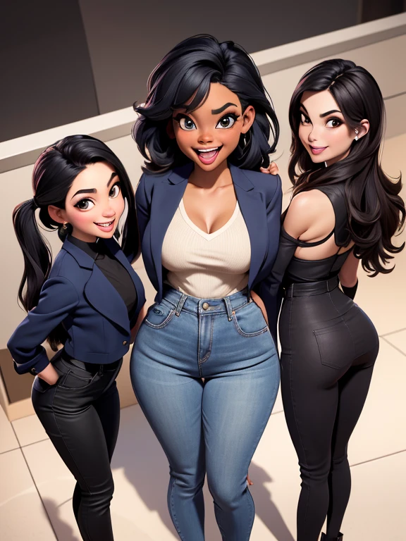 Perfect body, group of Young city girls, masterpiece, (solo:1.1), different ethnicities, different ages (18-45 years old), sexy, all fully clothed in different casual and formal outfits, big huge , small waists, round asses, perfect beautiful faces, big eyes, big smile, open mouth. Seen from above