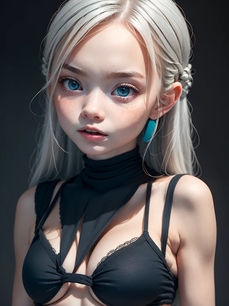 (best quality,highres),multicolor,1 girl,dark night,ash gray hair,(detailed gray eyes),looking at the viewer,upper body,face-to-face audience,limited palette,black background,turquoise light.Superhero girl (“Elle Fanning”), (slender body: 1.3), (full height), (beautiful legs), (small round peach breasts), (sexy). Shining, sparkling, neon, (Correct anatomy: 1.4), Open bikini. A very beautiful, well-groomed girl, with clear skin, beautiful lips and a slight smile on her face. Beautiful figure, modern clothes, cool modern couture dress. Sexually. Presentation background, neutral gray-blue, in virtual space. Top quality, 16k Full HD, cinematic rendering. Create a piece of art that captures the unique beauty of baby Michela..., renowned digital influencer. Focus on her unique facial expression as she looks straight into the camera, trying to capture the intensity of her piercing blue eyes. Capture her signature style with a Spanish-inspired updo styled in two carefully crafted hairpieces. Add details that reflect her charming and avant-garde personality. We tried to convey the aura of modernity and originality that characterizes Lil Miquela in the digital world. A few freckles and nevi, long hair, braided hair.