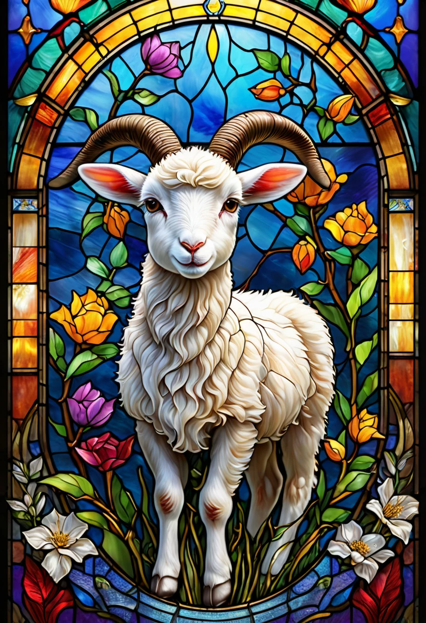 (best quality,4k,8k,highres,masterpiece:1.2),ultra-detailed,(realistic,photorealistic,photo-realistic:1.37),colorful stained glass window, with an embedded little lamb, without horns, lying in the center; a crown of thorns next to the lamb, drops of blood falling from the thorns; opacity at the ends, clarity at the center, luminous colors, vibrant tones, fine details, glass texture, light shining through the window, divine atmosphere, shadows and reflections, artistic interpretation, stained glass art, richly detailed design, impact dazzling visual, traditional craftsmanship, meticulous craftsmanship, fascinating patterns, translucent beauty, varied color palette, illuminated artworks, serene atmosphere, ethereal glow, subtle gradations, brilliant luminosity, transcendent aura, intricate motifs, captivating art, divine light, tranquility relaxing, elegant contours, dynamic composition, harmonious balance, emotional depth, symbolic representation, impressive spectacle, peaceful contemplation.