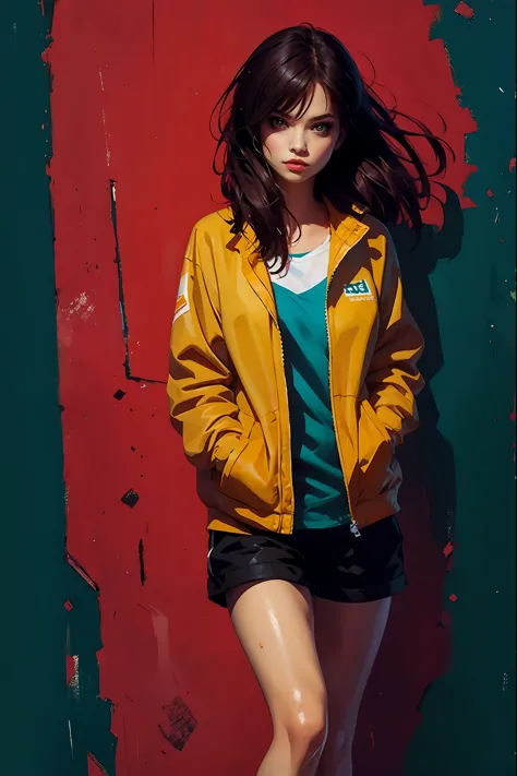 girl in shorts, wear a jacket, hands in pockets, brush painting style, bright colors, soft light, (high-angle:1.2), (masterpiece...