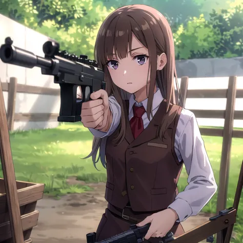 masterpiece,high quality,solo,outdoors,
Tied brown hair, lilac eyes, military clothing, red vest paint gun.  is in a shooting ra...