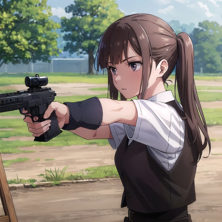 masterpiece,high quality,solo,outdoors,
Tied brown hair, lilac eyes, military black clothing, red vest paint gun.  is in a shooting range