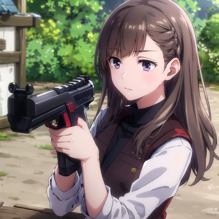 masterpiece,high quality,solo,outdoors,
Tied brown hair, lilac eyes, military black clothing, red vest paint gun.  is in a shooting range