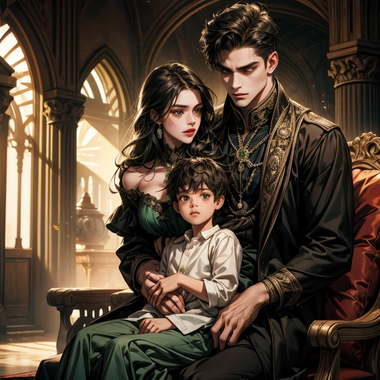 Generate charlie bowater type image of a 27 year old man, con cabello negro, vestido completamente de negro. Con ojos color verde pino. With a 23-year-old woman, con cabello negro, largo y levemente ondulado. With brown eyes. She is sitting on the boy&#39;s lap and he holds her cheek while staring at her with a menacing look.. 