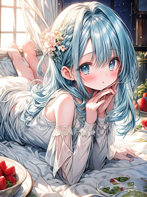 Masterpiece, best quality, extremely detailed, (illustration, official art: 1.1), 1 girl, ((light blue hair))), long hair, 10 ye...