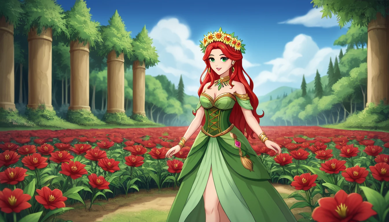 The image portrays a young woman with striking red hair, adorned with a crown of vibrant red flowers and lush green leaves. Her eyes, a captivating shade of green, seem to sparkle with a hint of mischief. She is dressed in a green top that complements the floral crown, adding to the overall harmony of the scene. The background is a lush tapestry of greenery, with various plants and flowers that blend seamlessly with her attire and the floral crown. The image exudes a sense of tranquility and natural beauty, as if the woman is a living embodiment of the forest's enchantment.