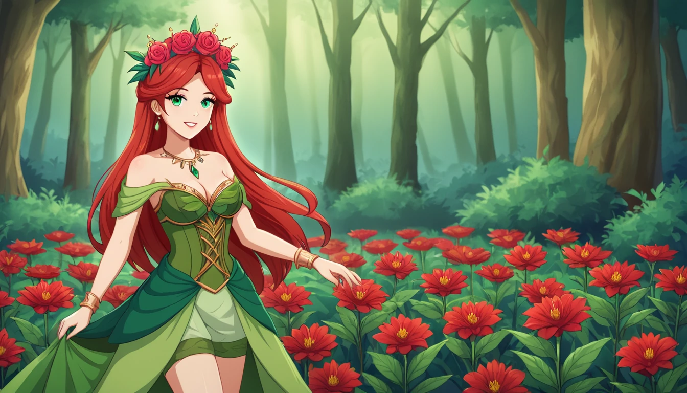 The image portrays a young woman with striking red hair, adorned with a crown of vibrant red flowers and lush green leaves. Her eyes, a captivating shade of green, seem to sparkle with a hint of mischief. She is dressed in a green top that complements the floral crown, adding to the overall harmony of the scene. The background is a lush tapestry of greenery, with various plants and flowers that blend seamlessly with her attire and the floral crown. The image exudes a sense of tranquility and natural beauty, as if the woman is a living embodiment of the forest's enchantment.