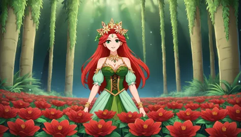 the image portrays a young woman with striking red hair, adorned with a crown of vibrant red flowers and lush green leaves. her ...