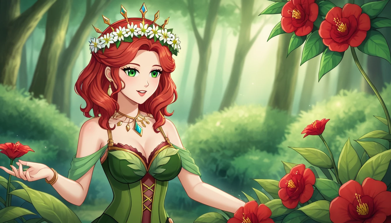 The image portrays a young woman with striking red hair, adorned with a crown of vibrant red flowers and lush green leaves. Her eyes, a captivating shade of green, seem to sparkle with a hint of mischief. She is dressed in a green top that complements the floral crown, adding to the overall harmony of the scene. The background is a lush tapestry of greenery, with various plants and flowers that blend seamlessly with her attire and the floral crown. The image exudes a sense of tranquility and natural beauty, as if the woman is a living embodiment of the forest's enchantment.