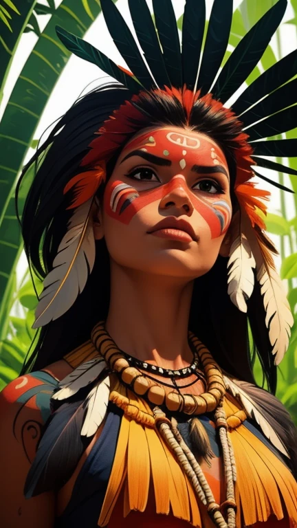 Arte em quadrinhos, pintura digital. A beautiful indigenous girl in native with feathers and feathers on her head, Amazonian indigenous peoples in Brazil, linda jovem feminina brasileira nativa, pintar o rosto, corpo quente, Yanomami Indian in typical costumes,alta qualidade. Amazon rainforest and river bottom. cores vivas, cinematic lighting. detalhado, intrincado, detalhado face.