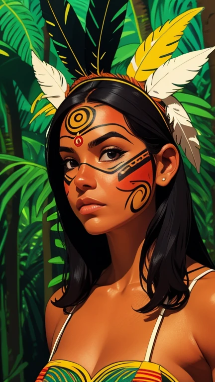 漫畫藝術, 數位繪畫. 一個美麗的土著女孩，頭戴羽毛，頭戴羽毛, 巴西亚马逊原住民, 美麗的年輕巴西本土女性, 畫你的臉, 火辣的身材, 身著典型服裝的亞諾馬米印第安人,高品質. 亞馬遜雨林和河底. 色彩鮮豔, 電影燈光. 詳細的, 錯綜複雜, 詳細的 face.