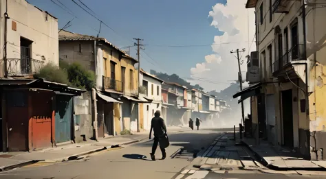 "a sad man passing by a deserted street in estácio, rio de janeiro, with a mural (old wall) depicting torn hearts on an outdoor ...