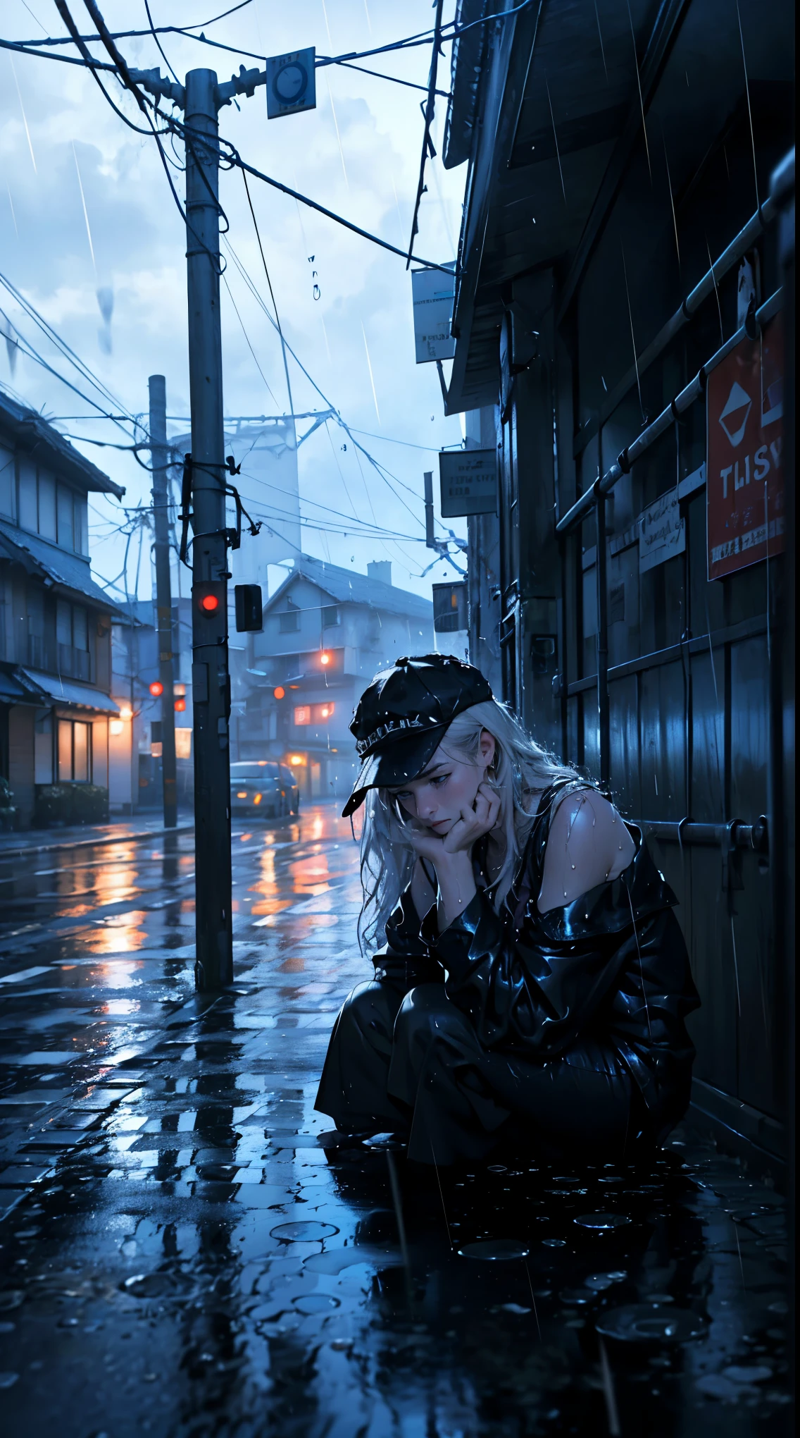 ( best quality,4k,8k,highres,masterpiece:1.2),ultra-detailed,(realistic,photorealistic,photo-realistic:1.37),rainy scene,stressed,outdoor,gloomy atmosphere,realistic droplets on the face,drenched clothes,dark colors,despair,desolation,loneliness,lost in thoughts,emotional,wet street,running mascara on his face,tears streaming down his cheeks,hat soaked with rain,water dripping from his hair,hunched shoulders,visible sadness,pouring rain,thunderstorm,tempestuous weather,misery,deep sorrow,heartache,negative emotions,despairing expression,cold and wet,paleness,heavy rain falling,wet pavement,teardrops falling rapidly,solitude,devastation.