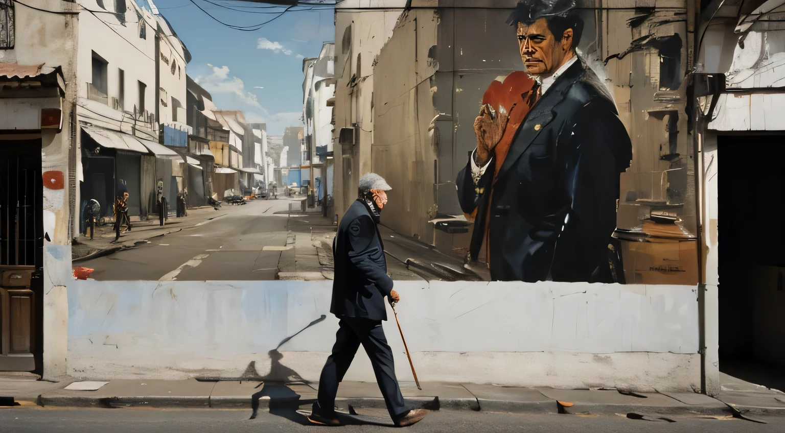 "A sad man passing by a deserted street in Estácio, Rio de Janeiro, with a mural (old wall) depicting torn hearts on an outdoor billboard. (best quality, highres), with ultra-detailed and realistic portrayal, showcasing the vibrant colors and bokeh effect. The mural is created with a mix of painting and illustration techniques, giving it an artistic touch. The street is empty, emphasizing the desolation and loneliness. The old wall showcases a weathered texture, adding character to the scene. The lighting is dramatic, casting long shadows on the wall and creating a sense of mystery. The overall color tone is somber, with a hint of melancholy. The old men walking past the mural is wearing casual attire, conveying a sense of solitude and contemplation. The mural acts as a visual representation of heartbreak and emotional vulnerability, setting a poignant tone for the artwork. The composition of the image is carefully framed to capture the essence of the deserted street and the emotional impact of the mural's imagery.