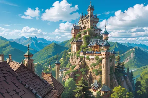 big ((ghibli)) fantasy dark sorcerer's castle, tiled roofs, medieval, rocky mountains, many towers, sky passages between towers,...