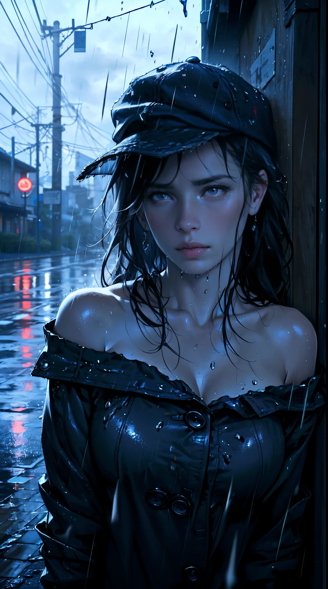 ( best quality,4k,8k,highres,masterpiece:1.2),ultra-detailed,(realistic,photorealistic,photo-realistic:1.37),rainy scene,stressed,outdoor,gloomy atmosphere,realistic droplets on the face,drenched clothes,dark colors,despair,desolation,loneliness,lost in thoughts,emotional,wet street,running mascara on his face,tears streaming down his cheeks,hat soaked with rain,water dripping from his hair,hunched shoulders,visible sadness,pouring rain,thunderstorm,tempestuous weather,misery,deep sorrow,heartache,negative emotions,despairing expression,cold and wet,paleness,heavy rain falling,wet pavement,teardrops falling rapidly,solitude,devastation.