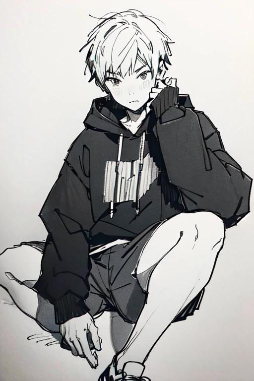 simple sketch of a teen boy  in a black hoodie, shorts, short hair, monochrome grayscale pencil  sketch, white background