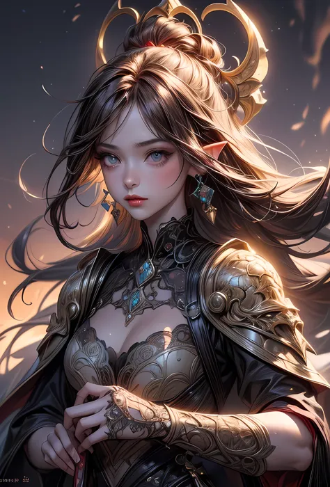 a picture of a female elf (intense details, masterpiece, best quality: 1.5) fantasy swashbuckler, fantasy fencer, armed with a s...