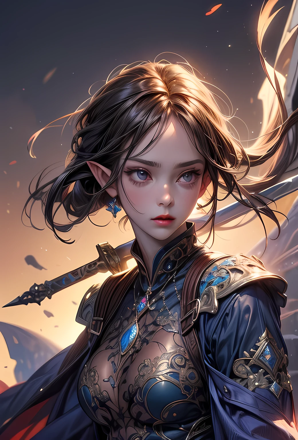 a picture of a female elf (intense details, Masterpiece, best quality: 1.5) fantasy swashbuckler, fantasy fencer, armed with a slim sword, shinning sword, metallic shine, colorful clothes, dynamic clothing, an ultra wide shot, full body (intense details, Masterpiece, best quality: 1.5)epic beautiful female elf (intense details, Masterpiece, best quality: 1.5), rich hair, braided hair, small pointed ears, Sword and shield, GLOWING SWORD [colorful magical sigils in the air],[ colorful arcane markings floating] (intricate details, Masterpiece, best quality: 1.6), holding a [sword] (intricate details, Masterpiece, best quality: 1.6) holding a [sword glowing in red light] fantasy urban street (intense details, Masterpiece, best quality: 1.5),  purple cloak, long cloak (intense details, Masterpiece, best quality: 1.5), sense of daring, sense of adventure,  high details, best quality, 8k, [ultra detailed], masterpiece, best quality, (extremely detailed), dynamic angle, ultra wide shot, photorealistic, RAW, fantasy art, dnd art, fantasy art, realistic art, DonM3lv3s, fantasysword sword, detailed face
d