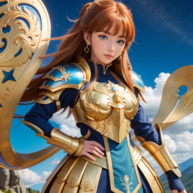 une femme, 25 ans, manga, cheveux longs, cheveux multicolores, high level of detail, saint seiya, armure bleur, blue armor, signes du zodiaque, Dans une montagne enneigée, armure du zodiac, zodiac cloth, Carved