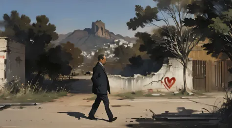 "a sad man passing by a deserted street in rio de janeiro, with a mural (old wall) depicting torn hearts on an outdoor billboard...