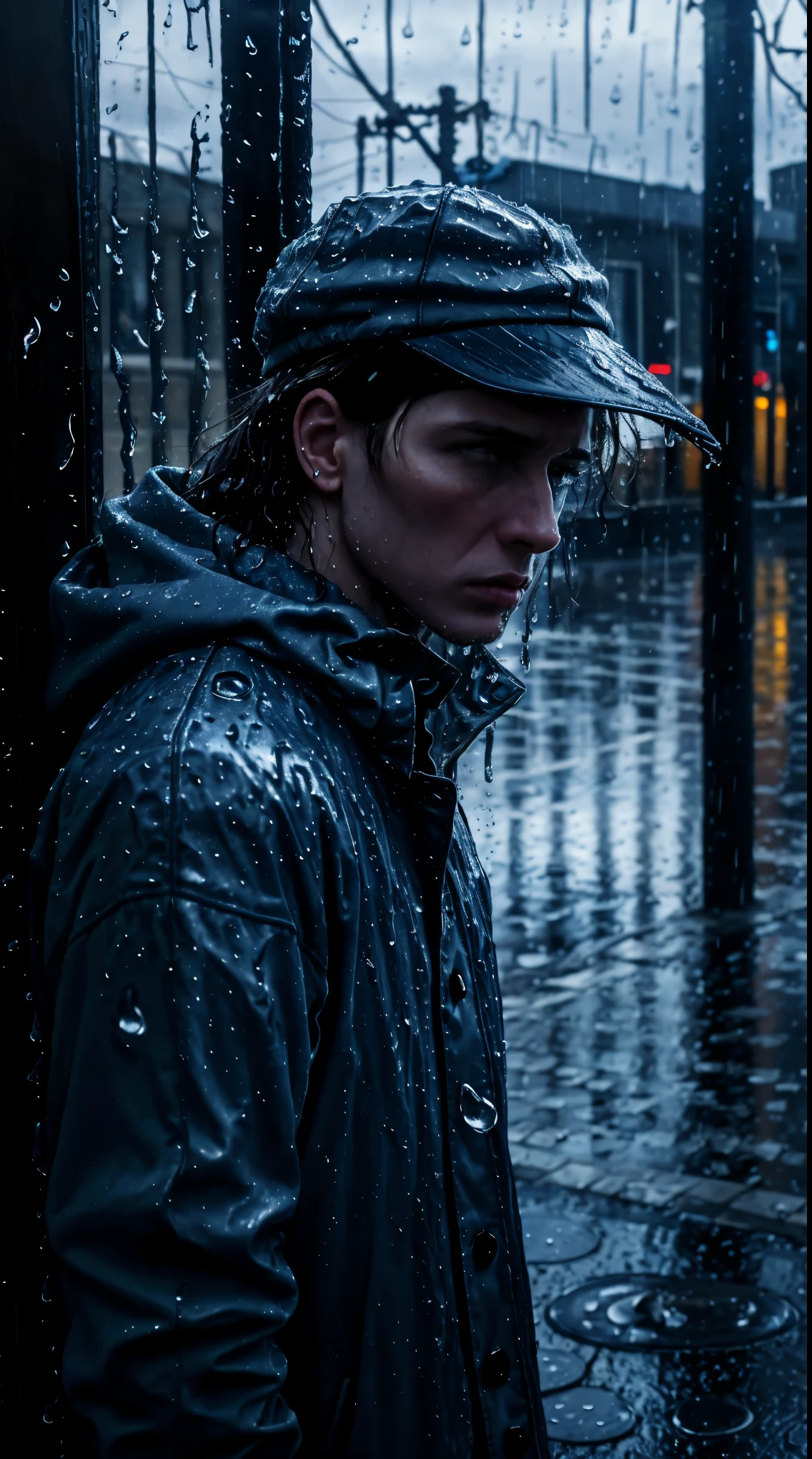 ( best quality,4k,8k,highres,masterpiece:1.2),ultra-detailed,(realistic,photorealistic,photo-realistic:1.37),rainy scene,stressed,outdoor,gloomy atmosphere,realistic droplets on the face,drenched clothes,dark colors,despair,desolation,loneliness,lost in thoughts,emotional,wet street,running mascara on his face,tears streaming down his cheeks,hat soaked with rain,water dripping from his hair,hunched shoulders,visible sadness,pouring rain,thunderstorm,tempestuous weather,misery,deep sorrow,heartache,negative emotions,despairing expression,cold and wet,paleness,heavy rain falling,wet pavement,teardrops falling rapidly,solitude,devastation.