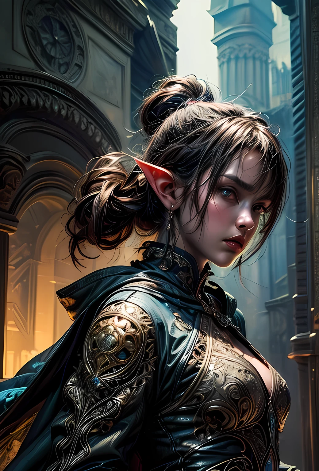 a picture of a female elf (intense details, Masterpiece, best quality: 1.5) fantasy swashbuckler, fantasy fencer, armed with a slim sword, shinning sword, metallic shine, colorful clothes, dynamic clothing, an ultra wide shot, full body (intense details, Masterpiece, best quality: 1.5)epic beautiful female elf (intense details, Masterpiece, best quality: 1.5), rich hair, braided hair, small pointed ears, Sword and shield, GLOWING SWORD [colorful magical sigils in the air],[ colorful arcane markings floating] (intricate details, Masterpiece, best quality: 1.6), holding a [sword] (intricate details, Masterpiece, best quality: 1.6) holding a [sword glowing in red light] fantasy urban street (intense details, Masterpiece, best quality: 1.5),  purple cloak, long cloak (intense details, Masterpiece, best quality: 1.5), sense of daring, sense of adventure,  high details, best quality, 8k, [ultra detailed], masterpiece, best quality, (extremely detailed), dynamic angle, ultra wide shot, photorealistic, RAW, fantasy art, dnd art, fantasy art, realistic art, DonM3lv3s, fantasysword sword, detailed face
d