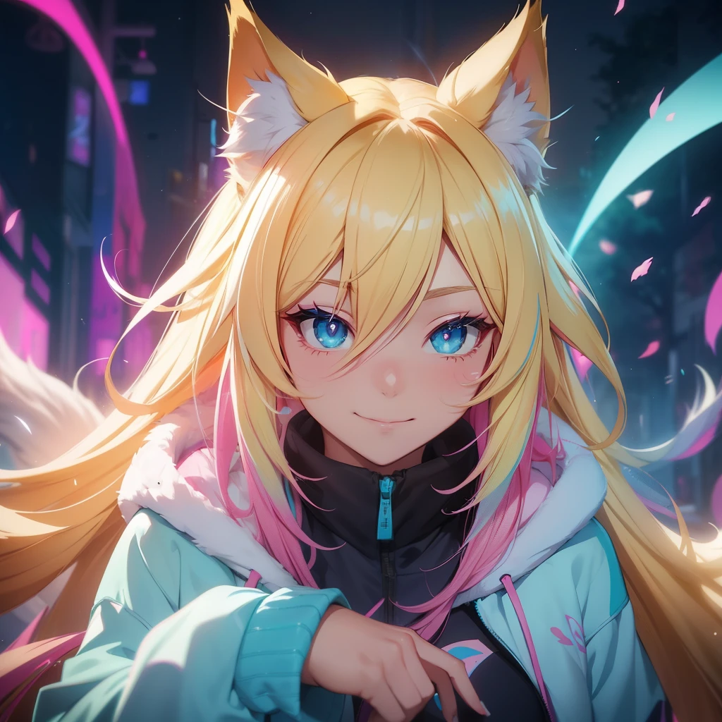 Ahri wearing cyan very large hoodie; blonde hair with pink details; beautiful detailed eyes; smiling face; longeyelashes; perfect eyes; her tails forming a heart shape behind her, standing on a sidewalk, sun shining, vivid colors, photo-realistic, portraits, medium:illustration. (best quality,ultra-detailed,HDR,colorful vivid appearance,studio lighting)