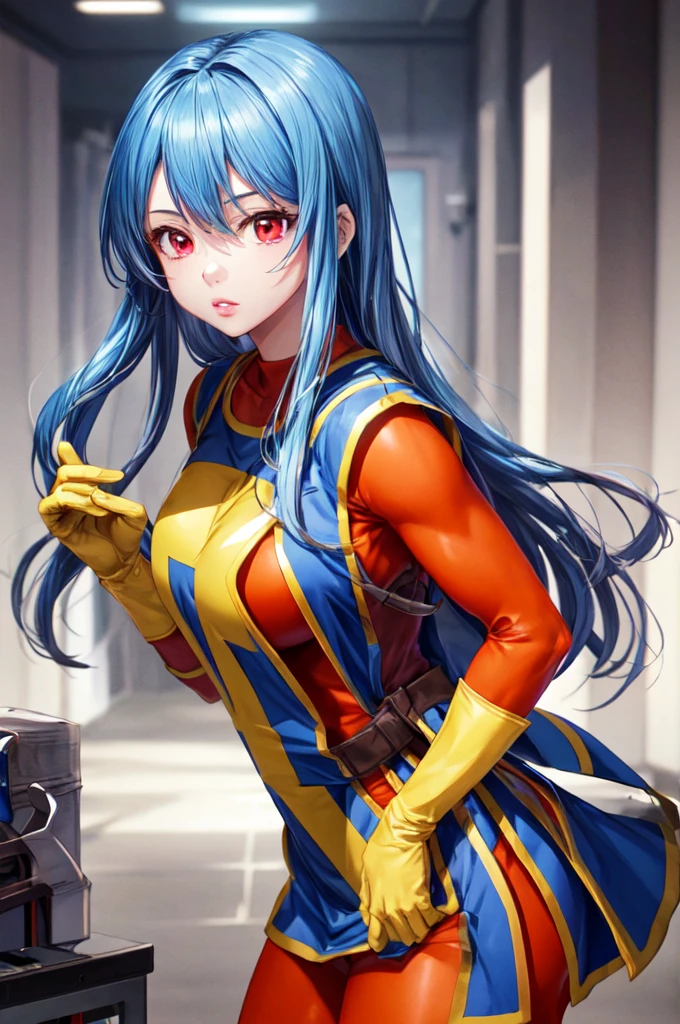 masterpiece,highest quality, Unreal Engine, Super Resolution, Very detailed,
1 girl, Waist, thin, (Muscular:0.8)
round chest, Big Breasts, Bold,  Lips parted, Observe the audience,
Are standing, sexy pose
Waist shot,
Simple background anime style, Key Visual,
 Light blue hair, Red eyes, Long-haired monk \(dq3\)
Orange bodysuit,Miter saw,Tabard Elbow Gloves