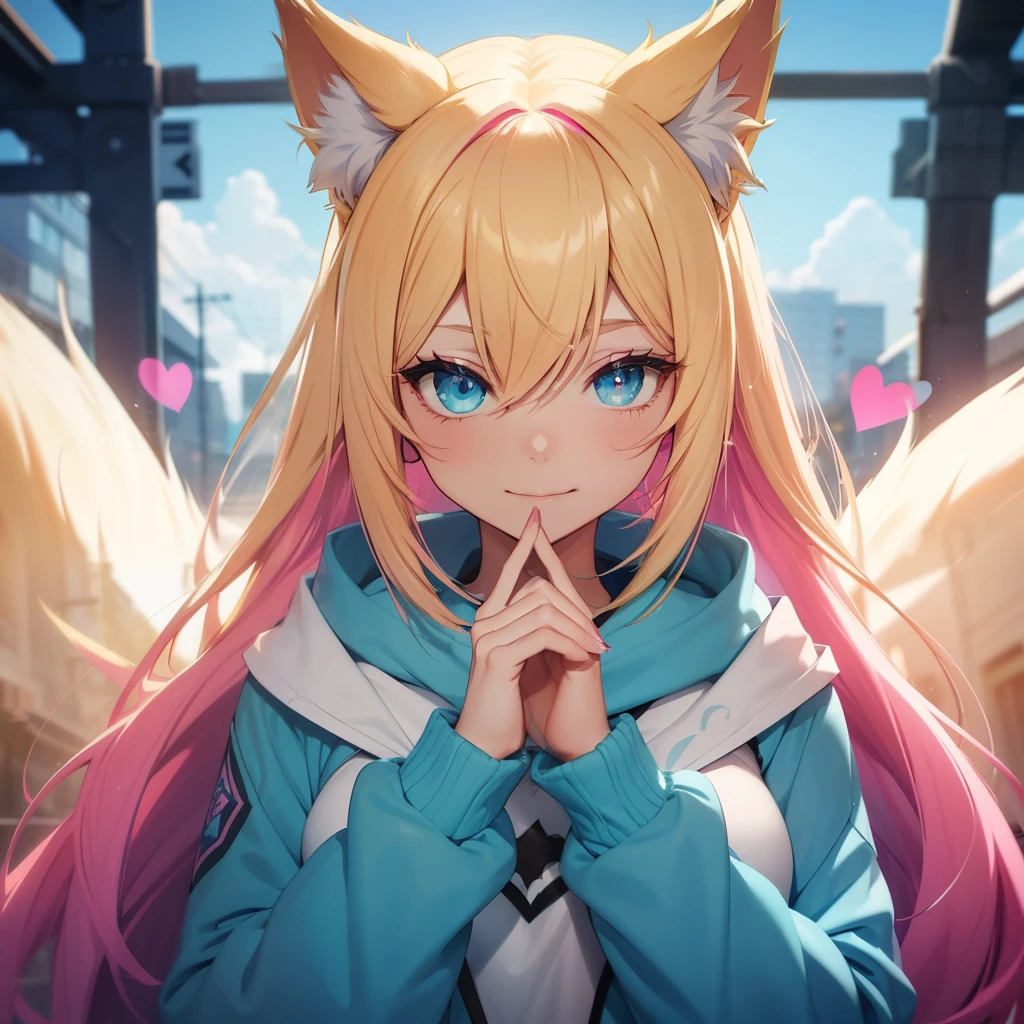 Ahri wearing cyan very large hoodie; blonde hair with pink details; beautiful detailed eyes; smiling face; longeyelashes; perfect eyes; perfect finger nails; her tails forming a heart shape behind her, standing on a sidewalk, sun shining, vivid colors, photo-realistic, portraits, medium:illustration. (best quality,ultra-detailed,HDR,colorful vivid appearance,studio lighting)