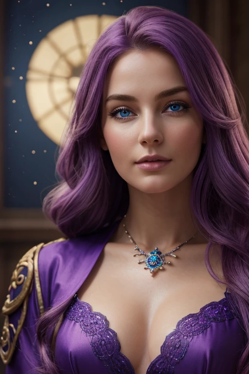 (best quality,4k,8k,highres,masterpiece:1.2),ultra-detailed,(realistic,photorealistic,photo-realistic:1.37),beautiful woman, purple hair, fair skin, blue eyes, purple-haired beauty, fair-skinned beauty, detailed facial features, celestial eyes, medieval style, ethereal ambiance, intricate jewelry, flowing robes, graceful posture, enchanting background, vibrant colors, soft lighting