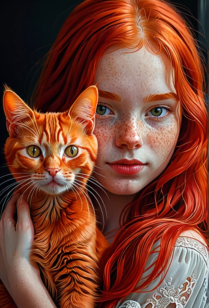 红头发的女孩和一只红猫, 极其详细, 最好的质量, 杰作 