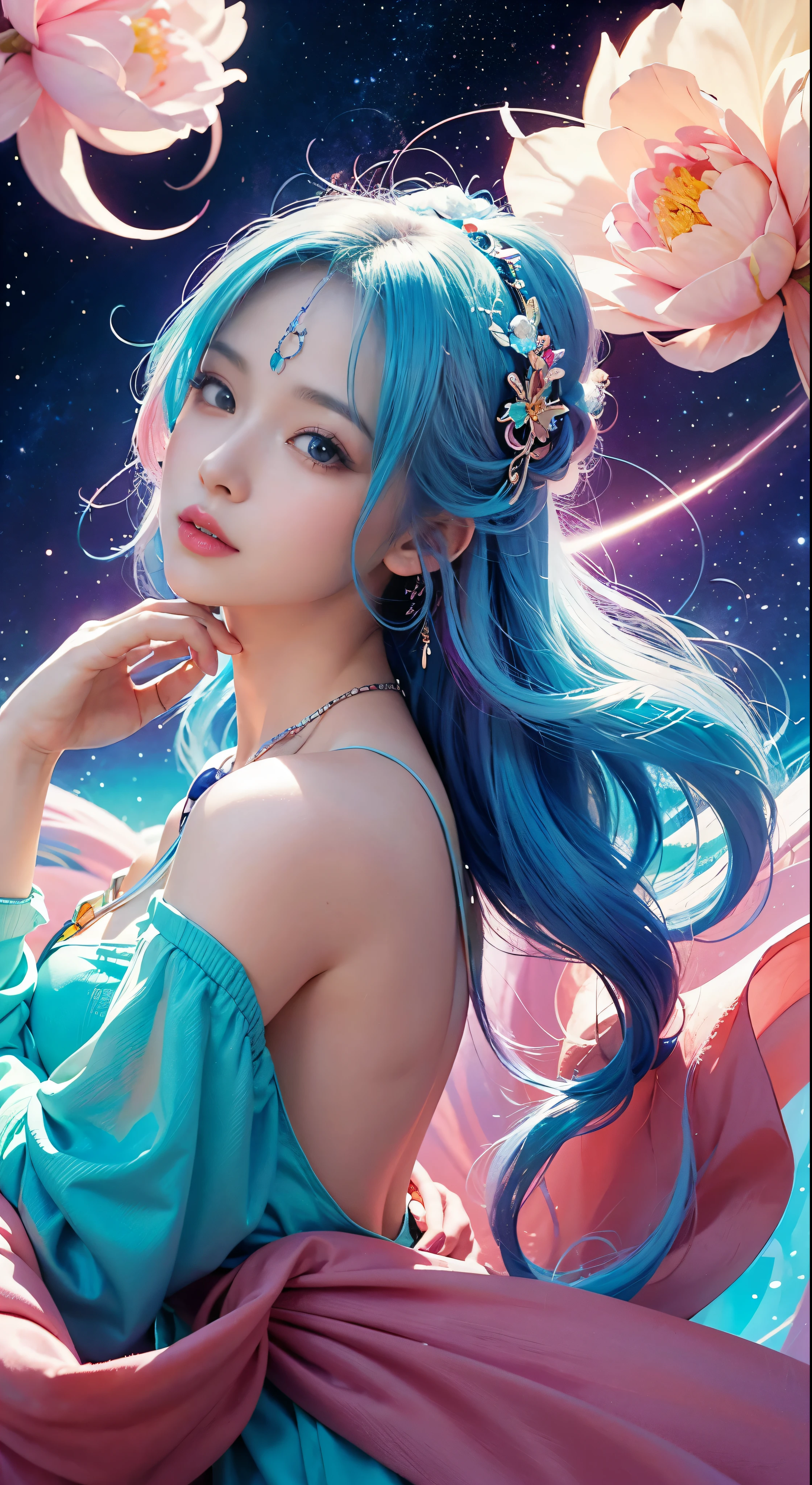 Close-up of a woman with colorful hair and necklace, anime girl with cosmic hair, Rossdraws' soft vitality, Gouvez style artwork, fantasy art style, colorful], vibrant fantasy style, Rossdraws cartoon full of vitality, cosmic and colorful, Guweiz, colorful digital fantasy art, stunning art style, beautiful anime style, white skin, subtle