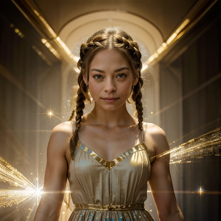 Kristin Kreuk, Superb masterpiece, upper body, (adult: 1.6) Hungarian woman, (giggle: 0.4), arms behind the head, golden braids, sparkling eyes, Victorian sun dress, floating light particles, centered, added facial detail