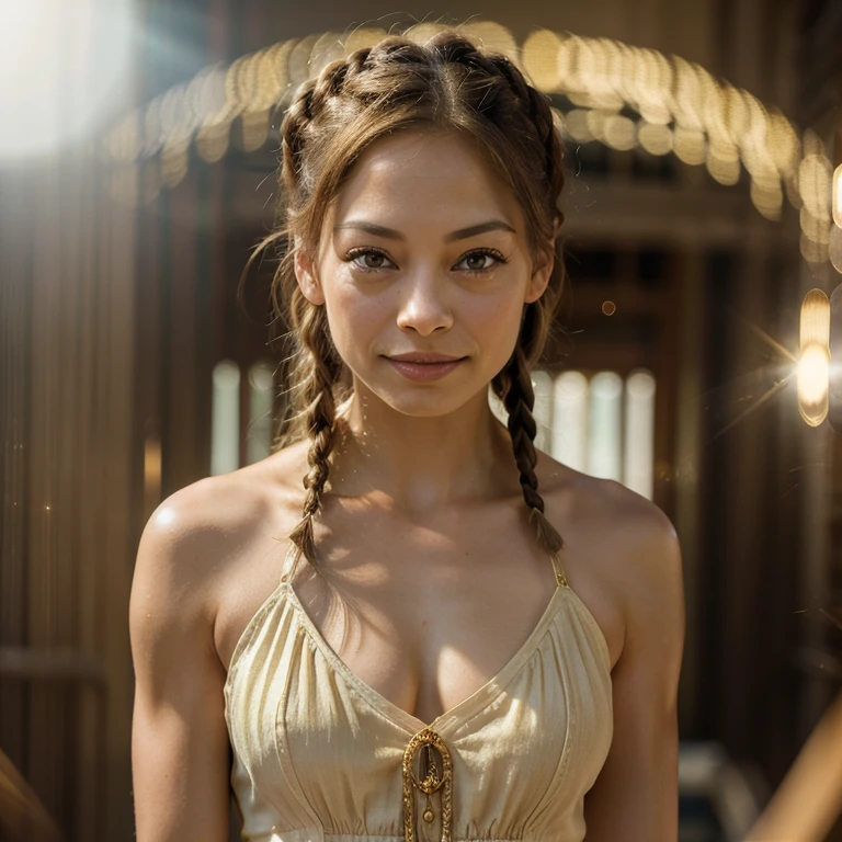 Kristin Kreuk, Superb masterpiece, upper body, (adult: 1.6) Hungarian woman, (giggle: 0.4), arms behind the head, golden braids, sparkling eyes, Victorian sun dress, floating light particles, centered, added facial detail