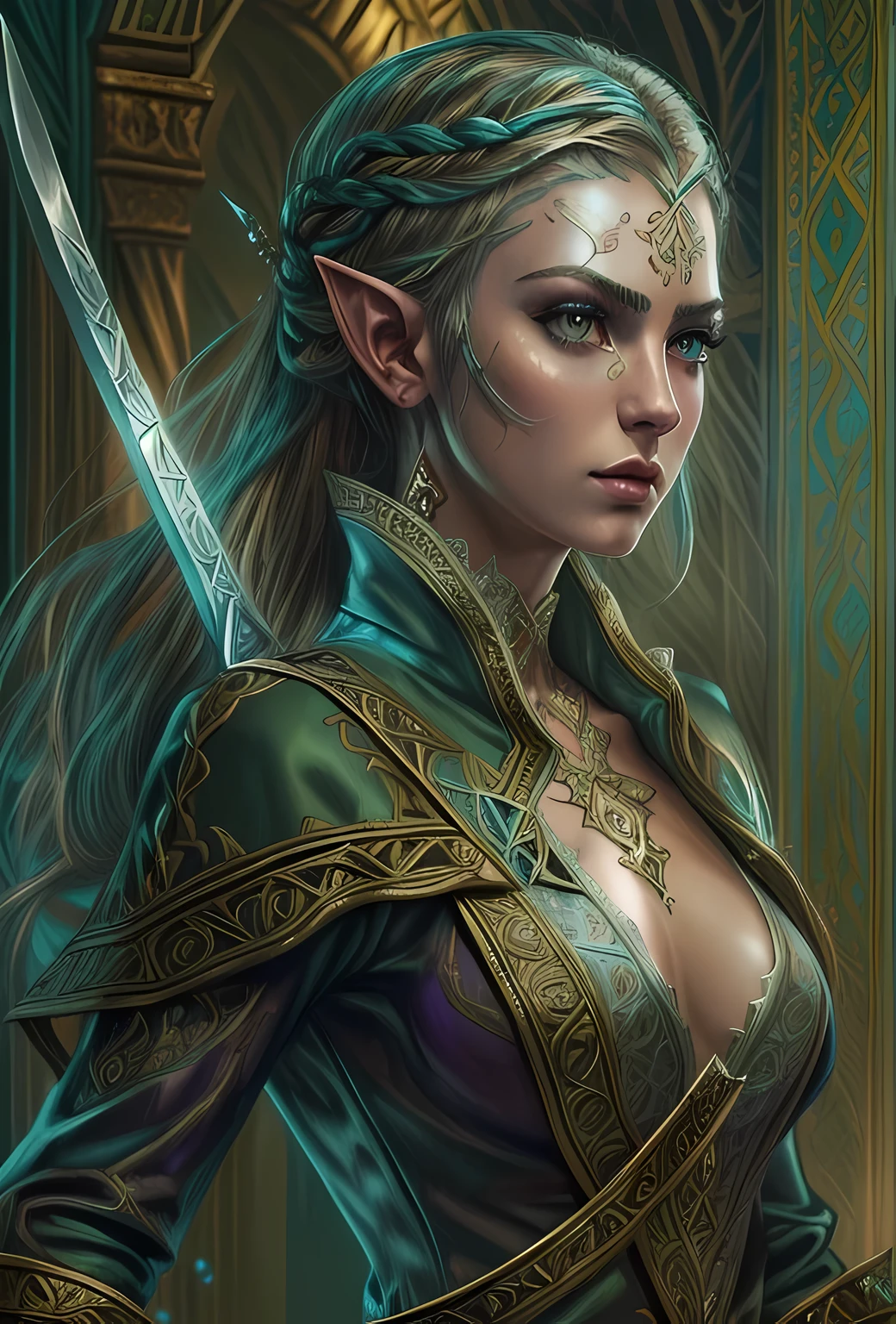 speedpainting a picture of a female elf (intense details, Masterpiece, best quality: 1.5) fantasy swashbuckler, fantasy fencer, armed with a slim sword, shinning sword, metallic shine, colorful clothes, dynamic clothing, an ultra wide shot, full body (intense details, Masterpiece, best quality: 1.5)epic beautiful female elf (intense details, Masterpiece, best quality: 1.5), rich hair, braided hair, small pointed ears, Sword and shield, GLOWING SWORD [colorful magical sigils in the air],[ colorful arcane markings floating] (intricate details, Masterpiece, best quality: 1.6), holding a [sword] (intricate details, Masterpiece, best quality: 1.6) holding a [sword glowing in red light] fantasy urban street (intense details, Masterpiece, best quality: 1.5),  purple cloak, long cloak (intense details, Masterpiece, best quality: 1.5), sense of daring, sense of adventure,  high details, best quality, 8k, [ultra detailed], masterpiece, best quality, (extremely detailed), dynamic angle, ultra wide shot, photorealistic, RAW, fantasy art, dnd art, fantasy art, realistic art, fantasysword sword, 