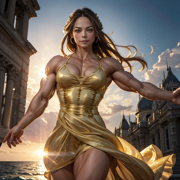 Kristin Kreuk, heavily muscled arms, highly detailed arm veins, heavily muscled pecs, shredded abs, Superb masterpiece, upper body, (adult: 1.6) Hungarian woman, (giggle: 0.4), arms behind the head, golden braids, sparkling eyes, Victorian sun dress, floating light particles, centered, added facial detail