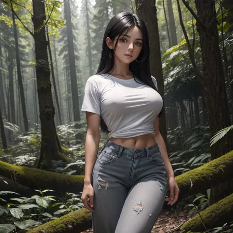 There is a young girl with a cute face and straight black hair and big blue eyes in a sunny forest, a thoughtful attentive expre...