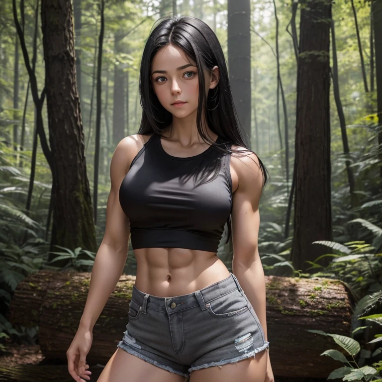 There is a young girl with a cute face and straight black hair and big blue eyes in a sunny forest, a thoughtful attentive expression on a cute face, large breasts, athletic physique, shredded abs, heavily muscled legs, full-length, dressed in a simple tight gray shirt and cut-off shorts